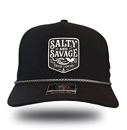 Black Salty and Savage True Local hat with whale graphic, coastal Florida apparel