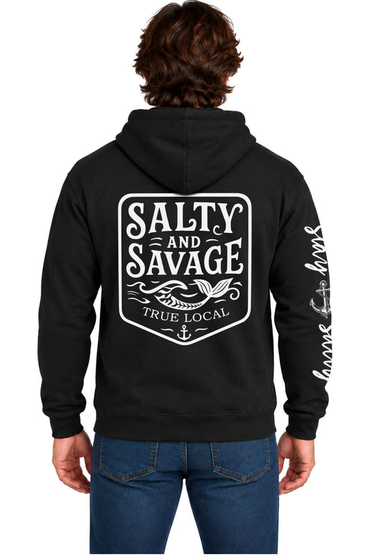 Black Salty and Savage hoodie sweatshirt back with shield badge, mermaid tail in waves, True Local text and anchor, Stay Salty sleeve