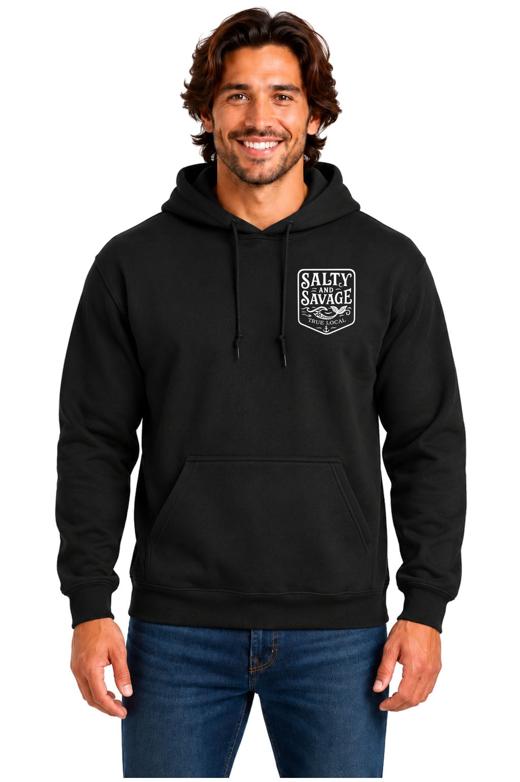 Black Salty and Savage hoodie sweatshirt front with white Salty and Savage mermaid left-chest badge