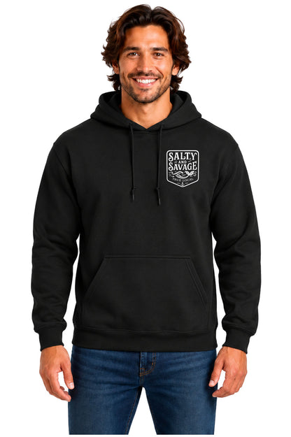 Black Salty and Savage hoodie sweatshirt front with white Salty and Savage mermaid left-chest badge