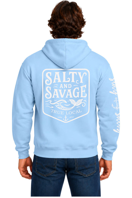 Light blue Salty and Savage hoodie sweatshirt back with white vintage shield badge, mermaid tail, True Local text and anchor