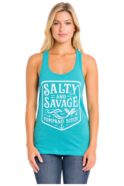 Salty and Savage Pompano Bitch tank top, teal women's racerback with mermaid graphic, Florida beach apparel