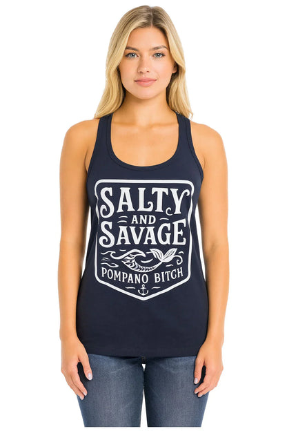 Navy tank top with 'Salty and Savage Pompano Bitch' graphic, mermaid tail, anchor design for Florida beach lovers