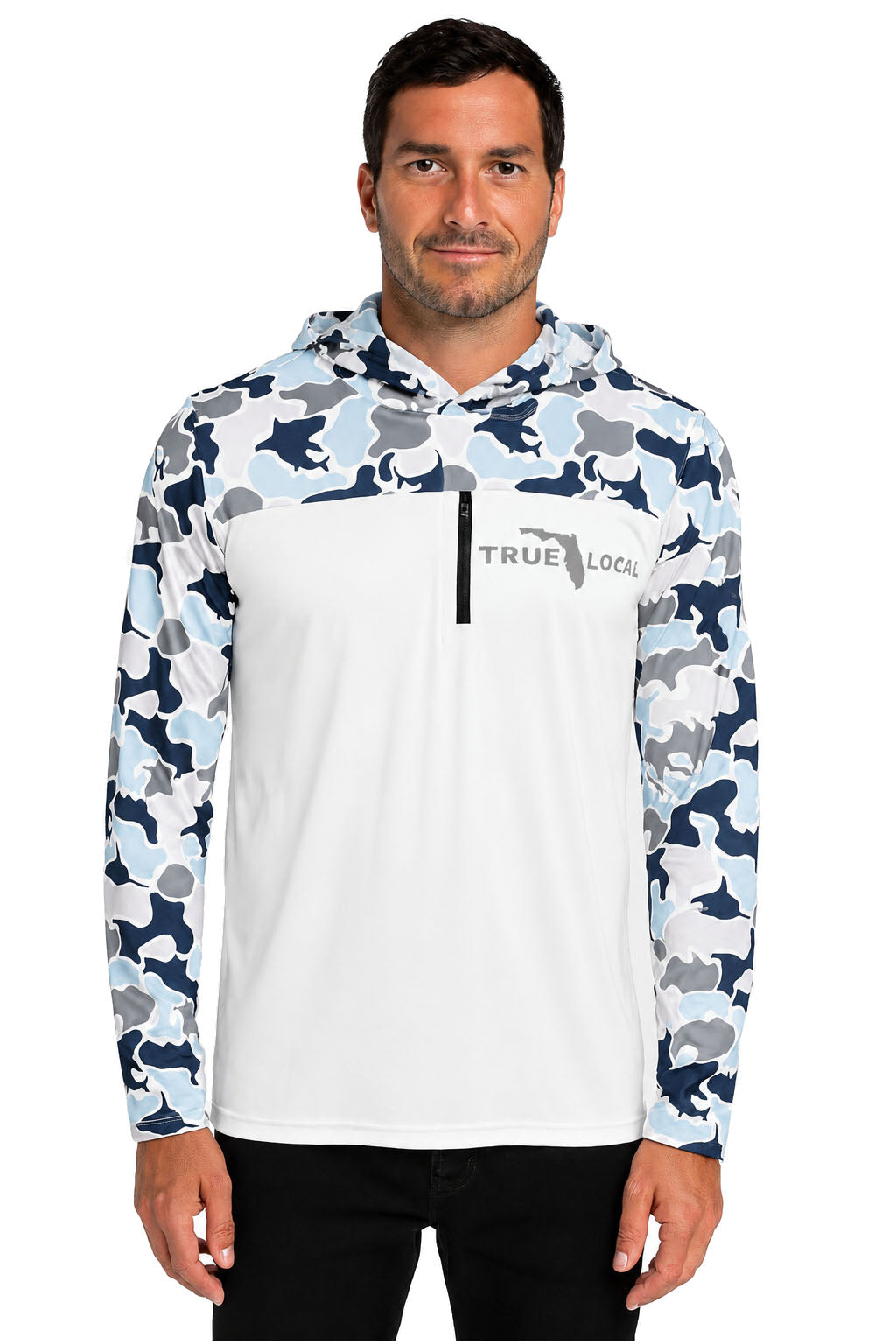 Man wearing a shark camouflage-patterned hoodie