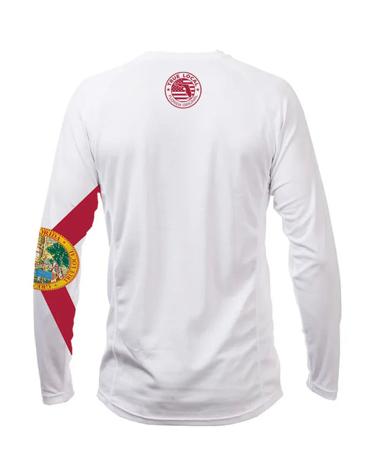 White long sleeve shirt with Florida flag design on sleeve and 'True Local' logo on back, celebrating Florida pride.