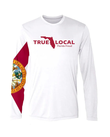 White long sleeve shirt with 'True Local Florida Proud' text and Florida state seal on sleeve