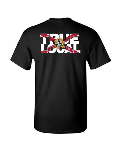 Black t-shirt with 'TRUE LOCAL' graphic in Florida flag colors, celebrating local pride in Pompano Beach.