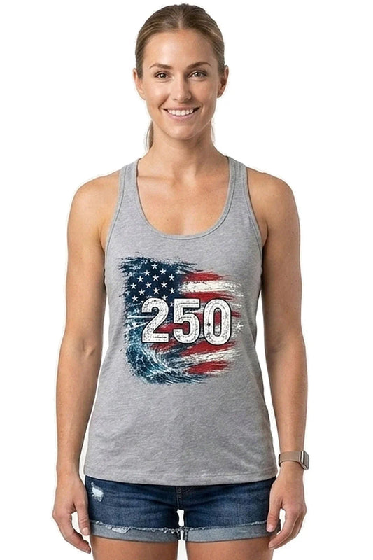 Gray tank top with distressed American flag and '250' graphic, celebrating local Florida pride