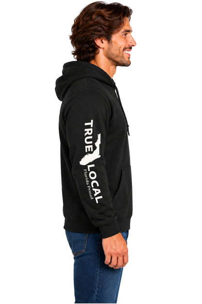 Black Florida flag hoodie sweatshirt side view with vertical True Local Florida Proud sleeve print and state outline