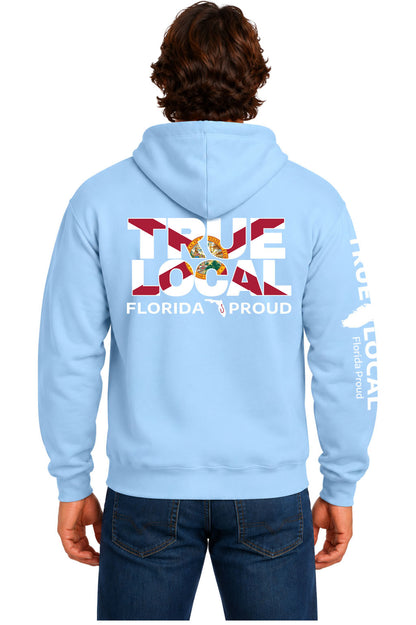 Light blue True Local Big Words hoodie sweatshirt back with TRUE LOCAL letters filled with the Florida flag and white Florida Proud text