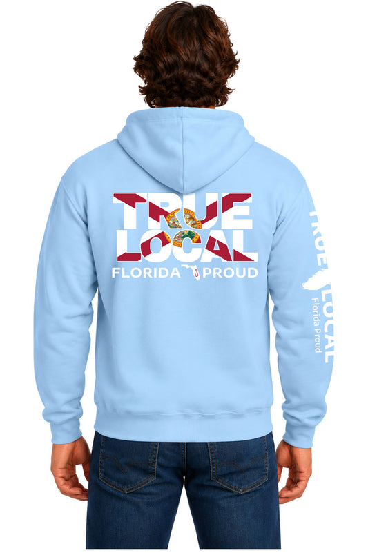 Light blue True Local Big Words hoodie sweatshirt back with TRUE LOCAL letters filled with the Florida flag and white Florida Proud text