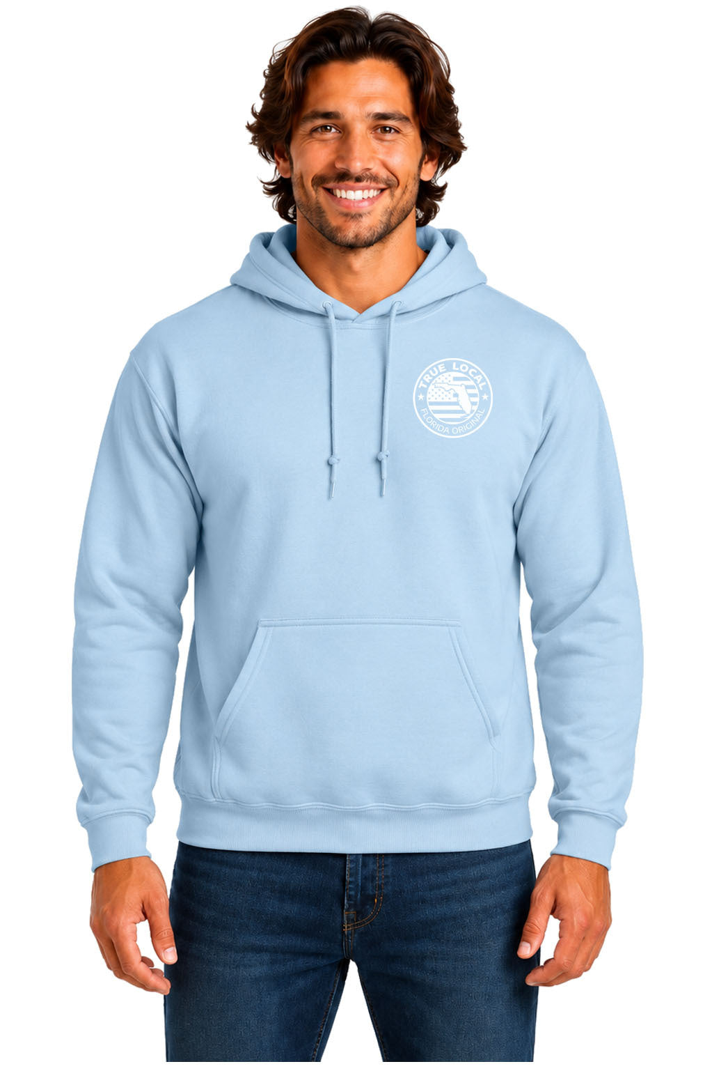Light blue Gunshine State hoodie sweatshirt front with white True Local Florida Original round chest badge