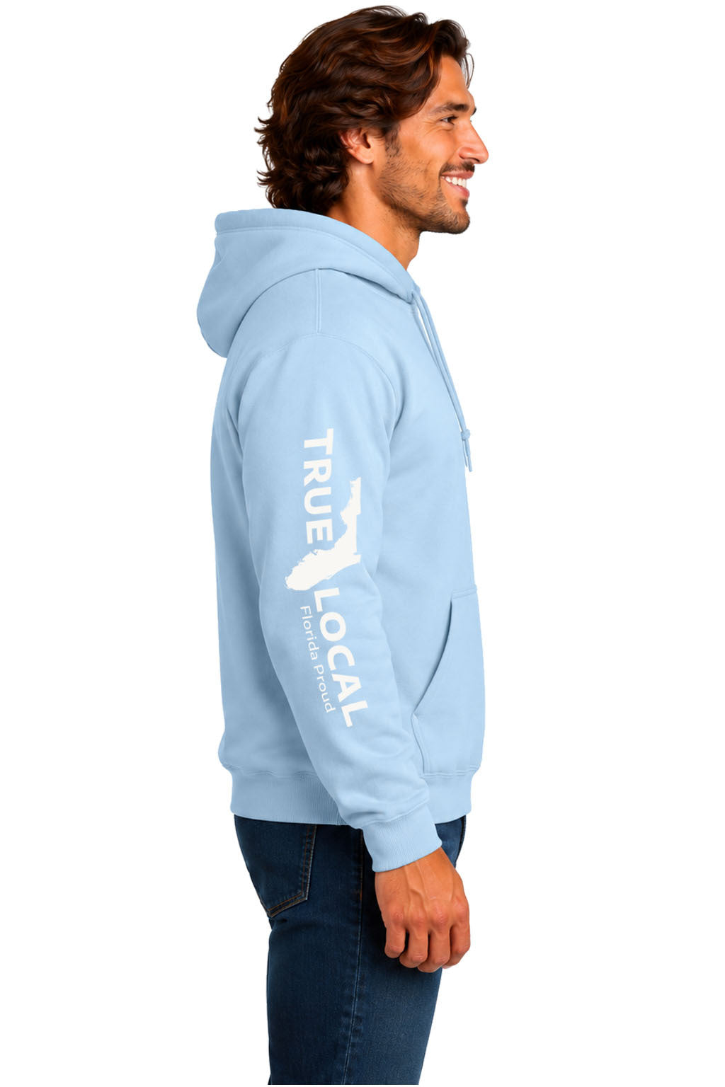 Light blue Gunshine State hoodie sweatshirt side view with vertical white True Local Florida Proud sleeve print