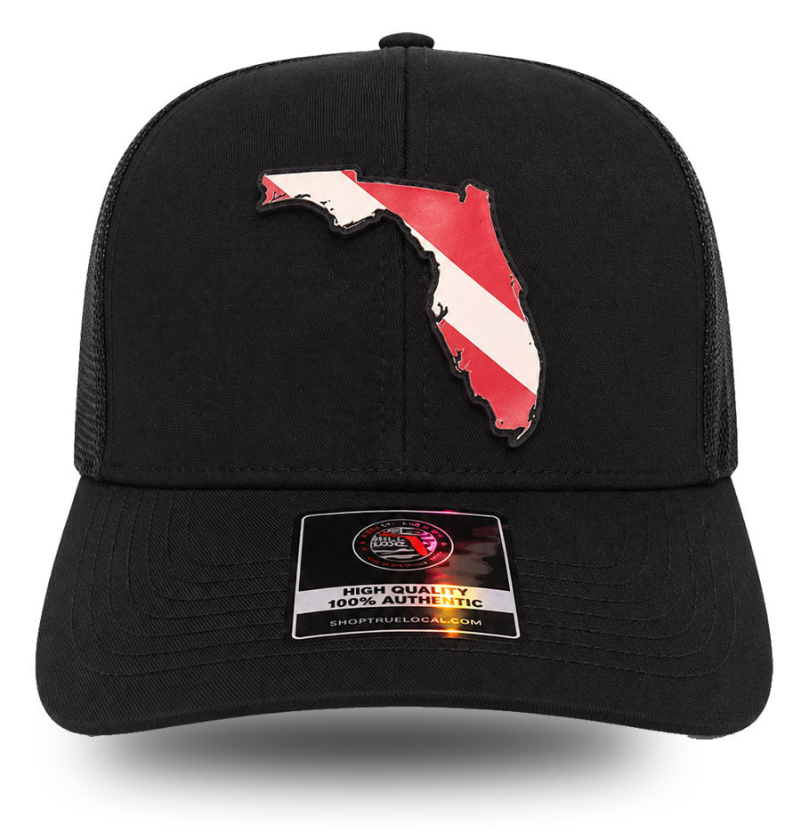 Florida Dive Flag Trucker Hat - Black Snapback with Scuba Dive Flag Patch