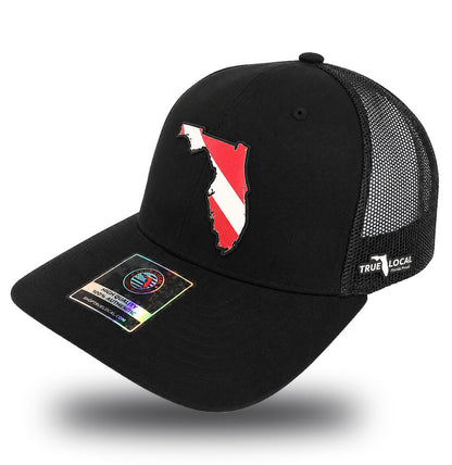 Florida Dive Flag Trucker Hat - Black Snapback with Scuba Dive Flag Patch