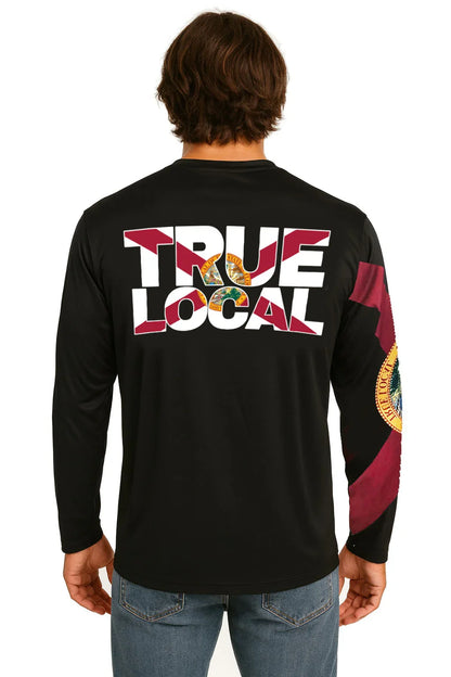 Black long sleeve shirt with 'TRUE LOCAL' graphic and Florida flag design on back and sleeve