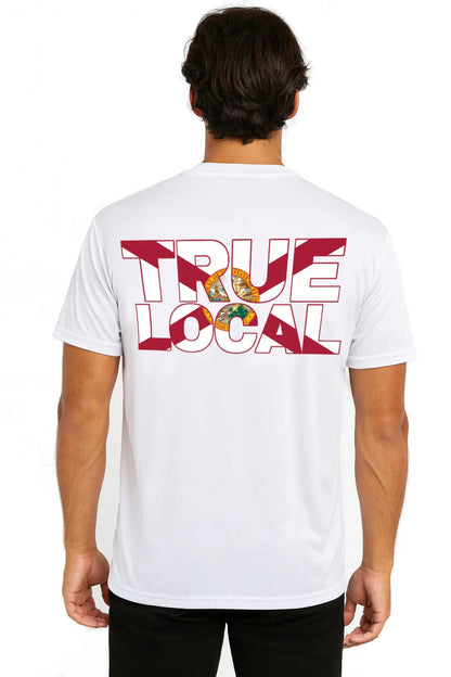 White True Local t-shirt with bold red graphic back design, Florida-themed apparel for local pride.