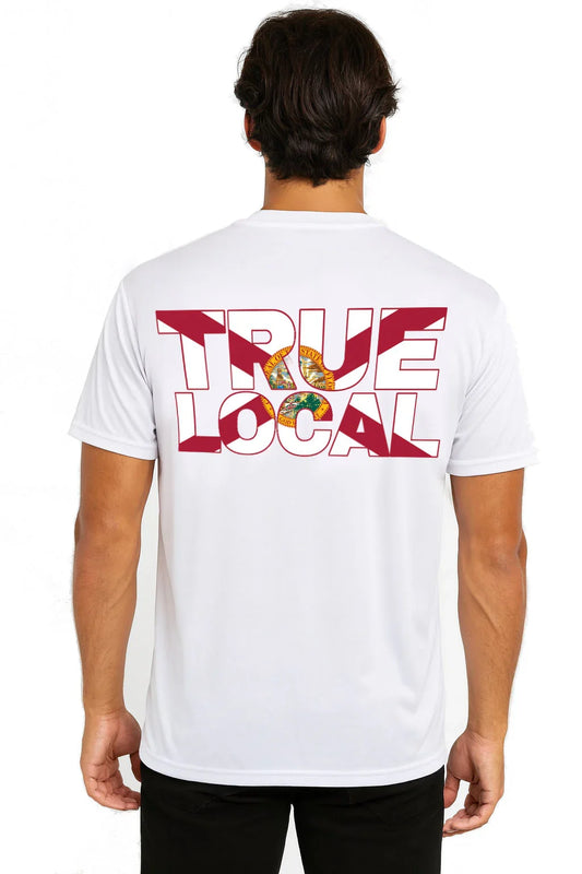 White True Local t-shirt with bold red graphic back design, Florida-themed apparel for local pride.