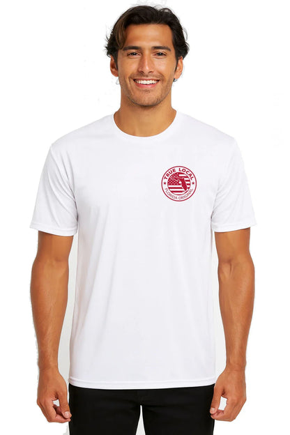 Man wearing white t-shirt with red 'True Local Florida Original' logo, celebrating local Florida pride