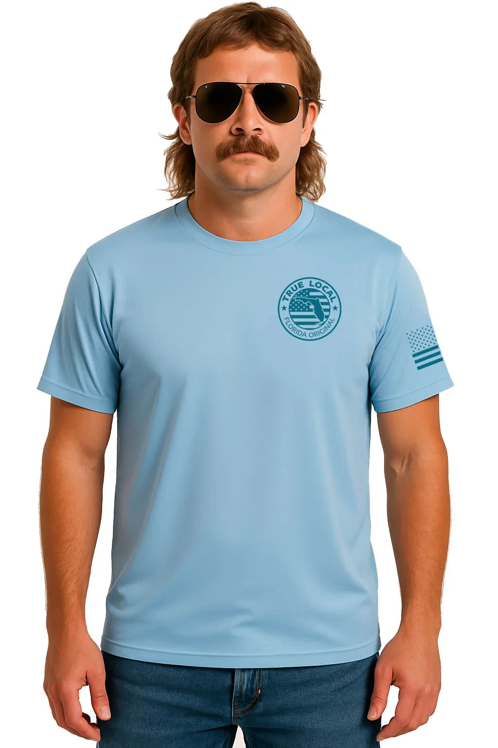 Man wearing light blue Florida pride t-shirt with True Local logo and flag sleeve design