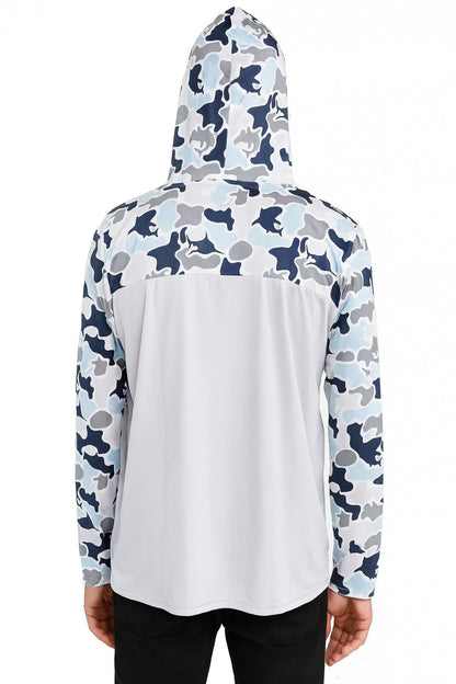 Men's long sleeve hooded shirt with blue and gray fish camo print, white back panel, Florida-inspired design