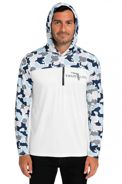 Man wearing blue and white camo hooded long sleeve shirt with Florida graphic, perfect for Pompano Beach locals.