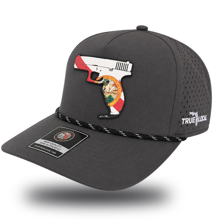 Florida Gun Hat Gun Gray left side – Gunshine State 2A pistol patch performance snapback