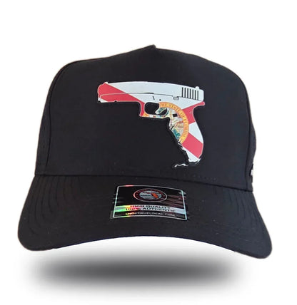 Florida Gun Hat Black front – Florida-shaped gun patch Second Amendment snapback cap