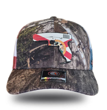 Camouflage trucker hat with Florida flag gun graphic, bold local pride apparel for Florida community