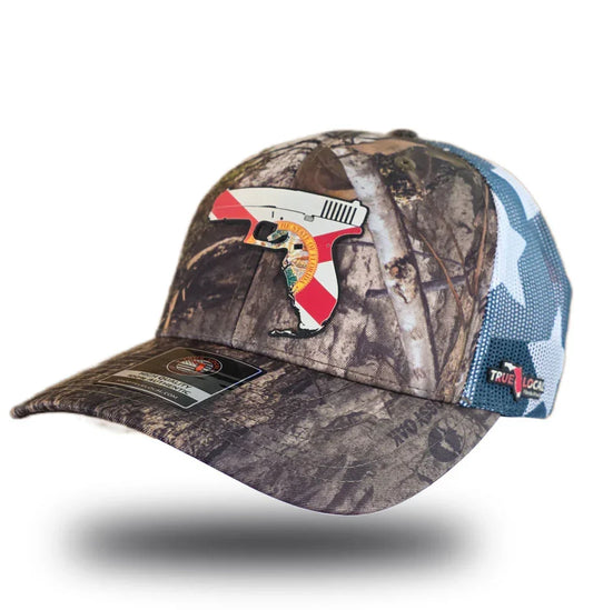 Camouflage trucker hat with Florida flag pistol graphic and star-pattern mesh back