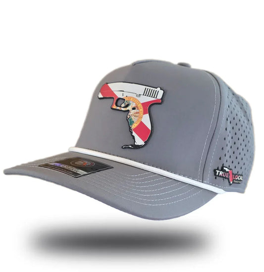 Florida Gun Hat Light Gray left side – pro 2A Gunshine State pistol snapback
