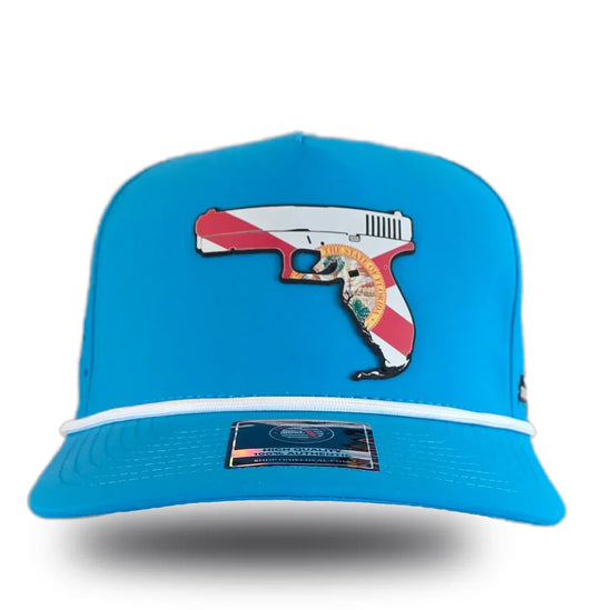 Florida Gun Hat Island Blue front – Florida-shaped pistol patch with state flag colors