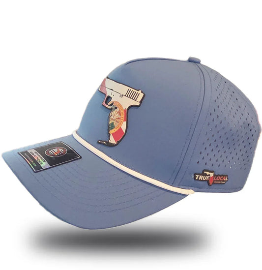 Blue perforated cap with Florida-shaped gun graphic, bold local pride design for Florida community apparel