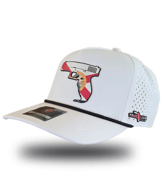 Florida Gun Hat White left side – Sunshine State gun rights trucker hat with perforated mesh