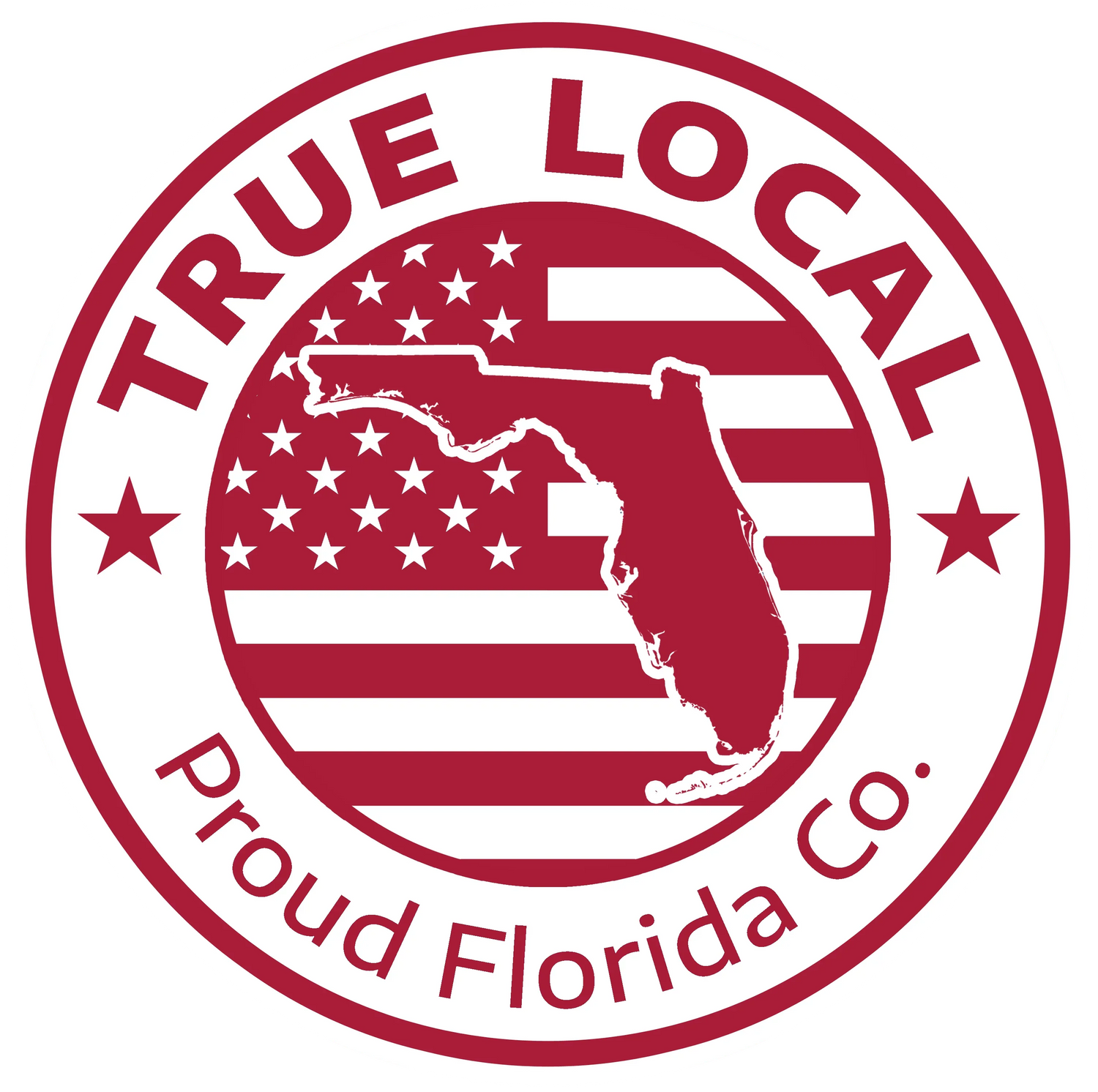 True Local Proud Florida logo with state outline and stars on red and white stripes