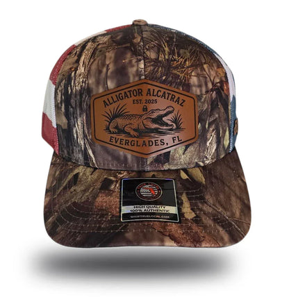 Camouflage trucker hat with 'Alligator Alcatraz Everglades, FL' patch, Florida-themed apparel