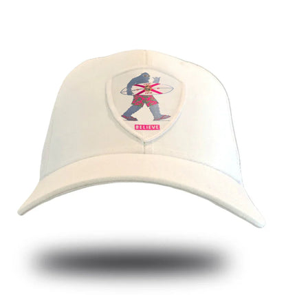 White cap with Bigfoot holding surfboard, Florida flag design, and 'BELIEVE' text—local Florida pride apparel.