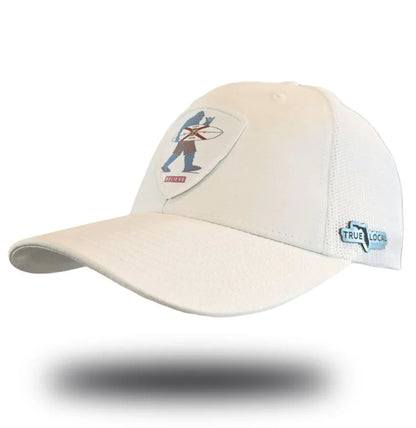 Cream trucker hat with surf-themed patch and 'Believe' text, featuring Florida-shaped True Local logo