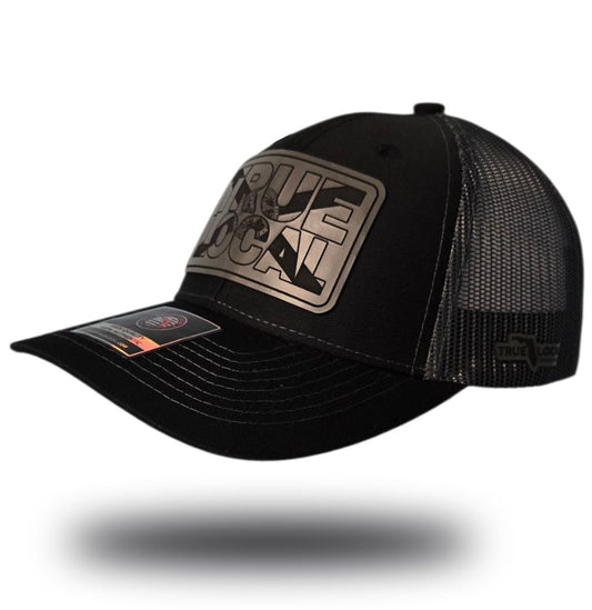True Local patch hat, Black front, Black mesh back, Charcoal grey leatherette