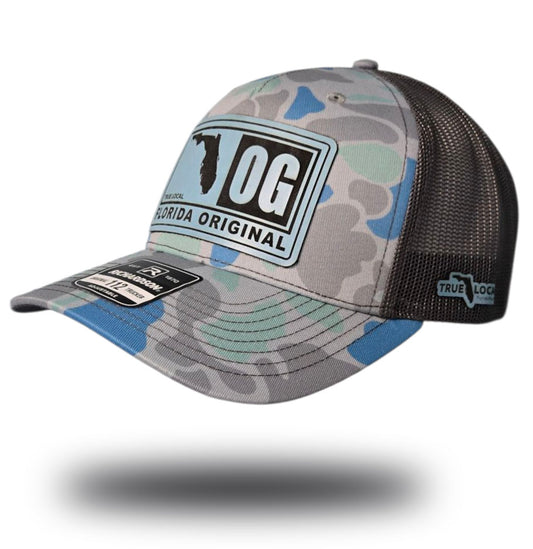 Florida OG patch hat, Duck Camo front, Grey mesh back, Light Blue leatherette