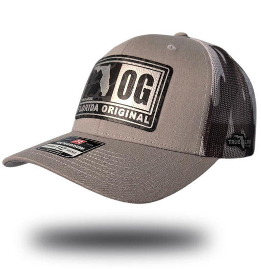 Florida OG patch hat, Grey front, Grey Camo mesh back, Grey Camo leatherette