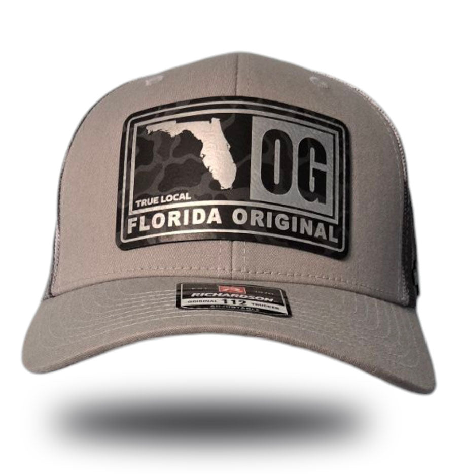 Florida OG patch hat, Grey front, Grey Camo mesh back, Grey Camo leatherette
