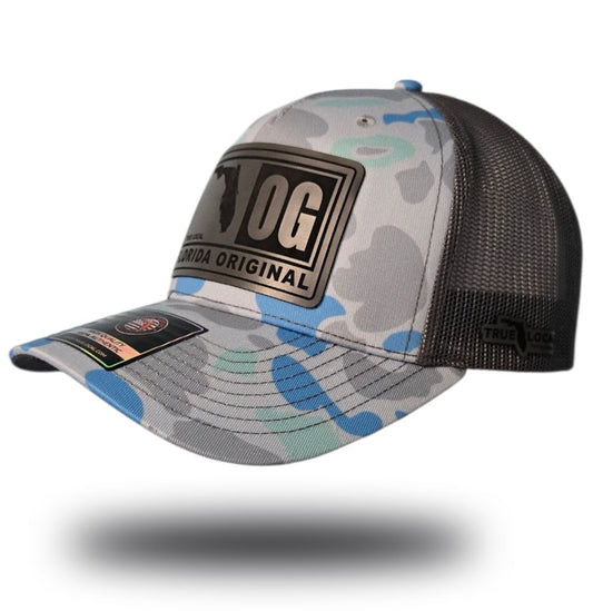 Florida OG patch hat, Duck Camo front, Grey mesh back, Charcoal Grey leatherette