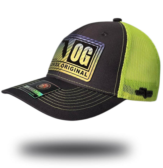 Florida OG patch hat, Charcoal Grey front, Neon Yellow mesh back, Mahi Mahi leatherette