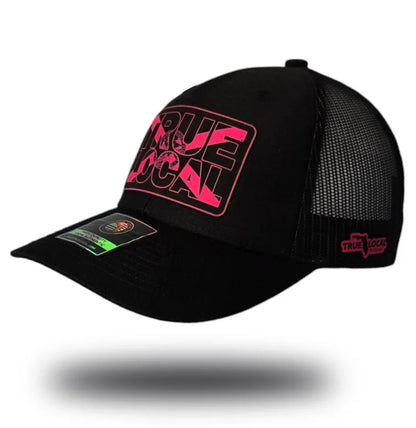 Black trucker hat with bold pink 'True Local' logo, mesh back, Florida-themed design for local pride apparel
