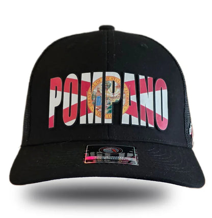 Black Pompano Beach hat with Florida flag design and state seal, bold local pride apparel