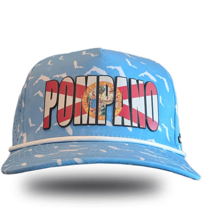 Blue Pompano Beach hat with Florida flag design and seagull print, celebrating local Florida pride.