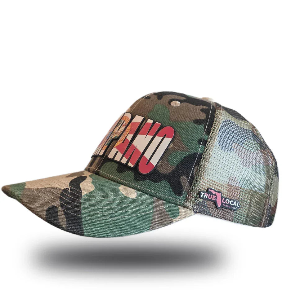 Camouflage trucker hat with 'POMPA' graphic and Florida Proud patch, celebrating local Florida pride.