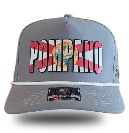 Gray Pompano Florida hat with state seal and red-white stripes, bold local pride design