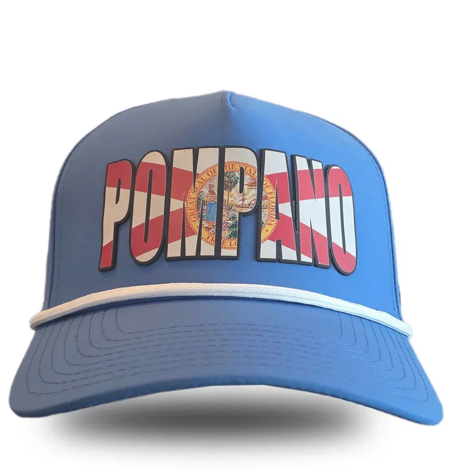 Blue Pompano Florida hat with state seal and striped lettering, celebrating local pride